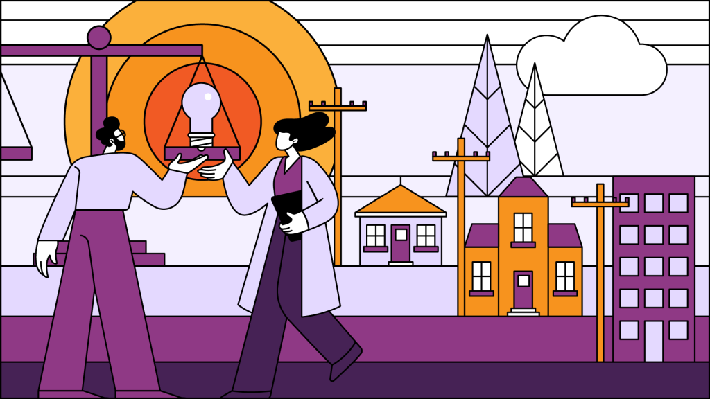 Illustration of two people "weighing an idea", with a lightbuld on a set of scales, in front of different homes and some power lines.